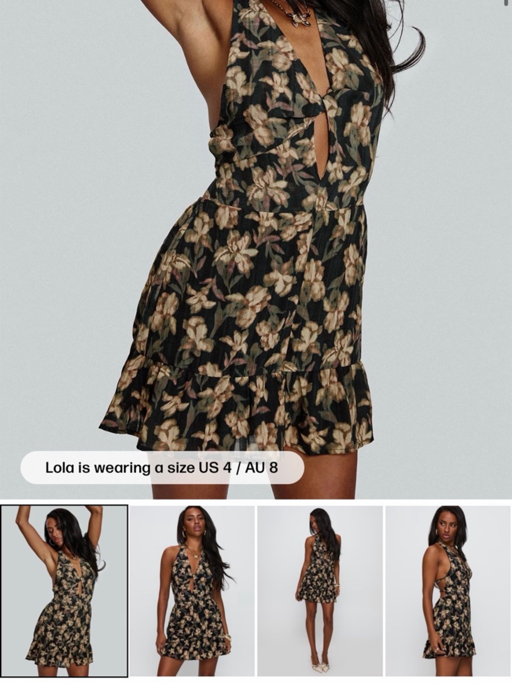 Princess Polly Black Floral Tie-Front Halter Mini Dress
